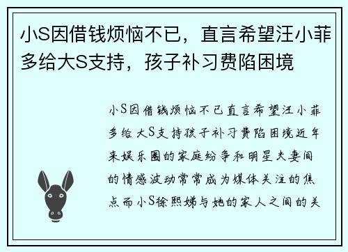 小S因借钱烦恼不已，直言希望汪小菲多给大S支持，孩子补习费陷困境