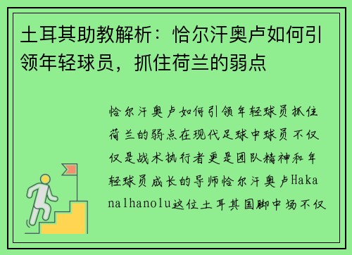 土耳其助教解析：恰尔汗奥卢如何引领年轻球员，抓住荷兰的弱点