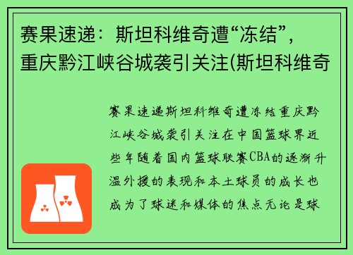 赛果速递：斯坦科维奇遭“冻结”，重庆黔江峡谷城袭引关注(斯坦科维奇杯指定篮球)