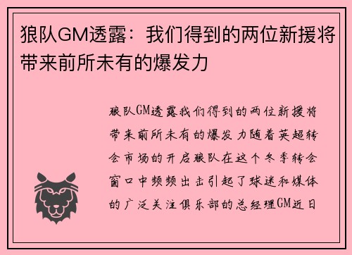 狼队GM透露：我们得到的两位新援将带来前所未有的爆发力