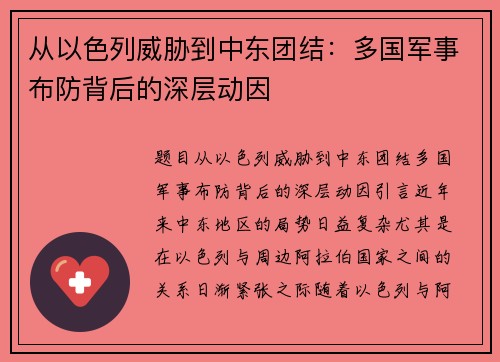从以色列威胁到中东团结：多国军事布防背后的深层动因