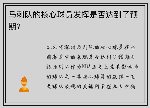 马刺队的核心球员发挥是否达到了预期？